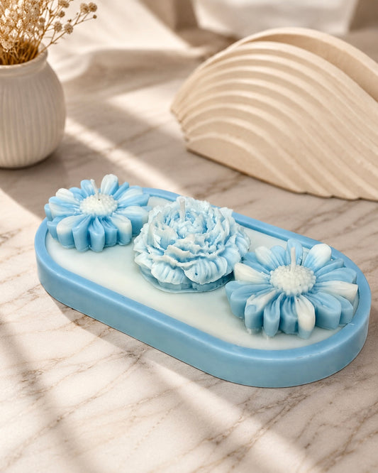 Bloemkaarsen Set met Dienblad – 3 Geurkaarsen in Bloemvorm – Decoratieve Kaarsen voor Woonkamer en Cadeau