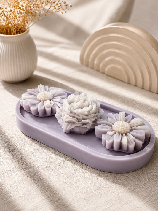 Bloemkaarsen Set met Dienblad – 3 Geurkaarsen in Bloemvorm – Decoratieve Kaarsen voor Woonkamer en Cadeau